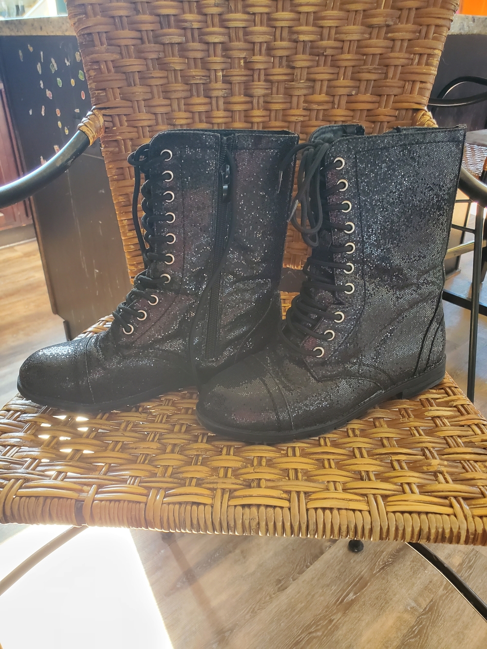 Balera by Weissman Black Glitter Combat Boots - Size 4AM (Style WL088)